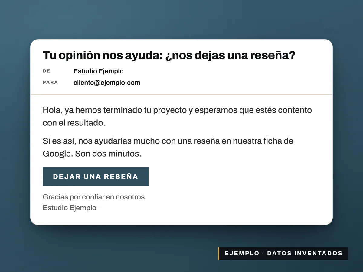 Email de ejemplo que pide una reseña al cliente al terminar el proyecto
