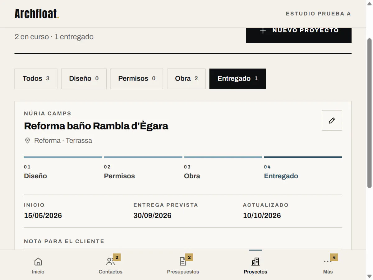 Pantalla de proyectos del panel del estudio de prueba filtrada por entregados. Datos de ejemplo