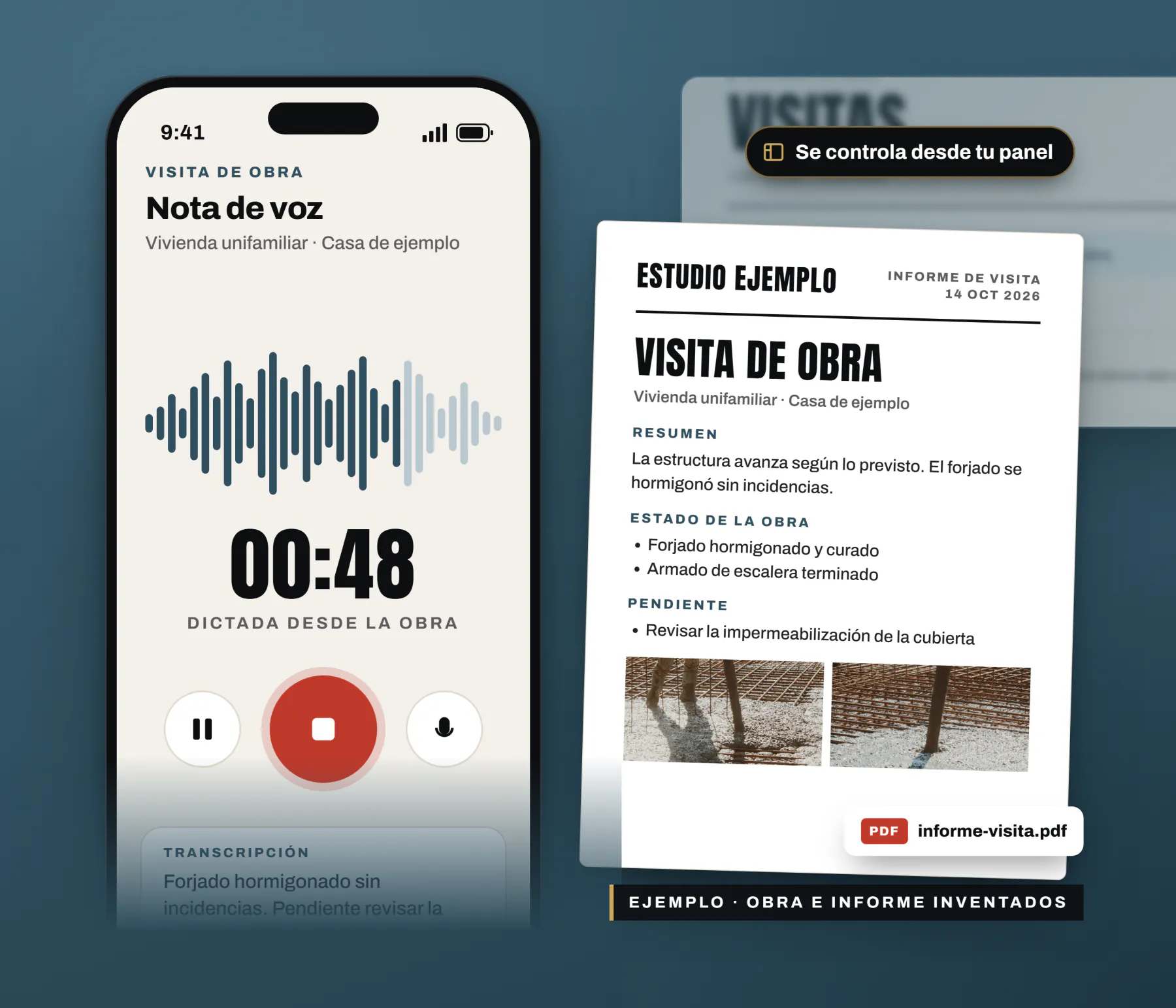 Móvil grabando una nota de voz en una visita de obra, junto al informe en PDF ya redactado con resumen, estado de la obra y fotos