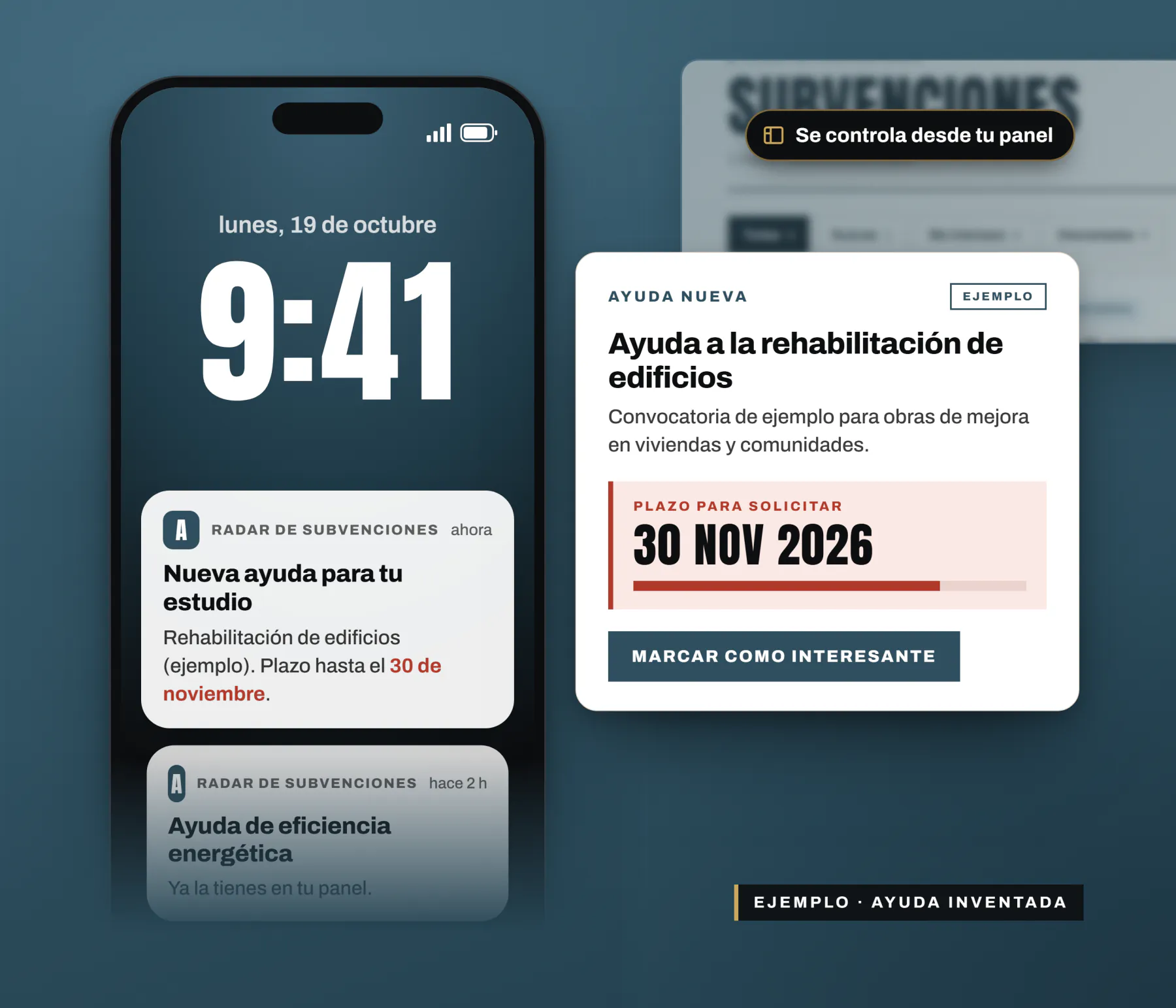 Móvil con el aviso de una ayuda nueva a la rehabilitación, junto a la ficha de la ayuda con su plazo de solicitud